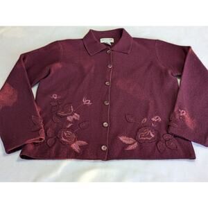 Pendleton Cardigan Sweater‎ Burgundy Embroidered Applique Medium Grandma Floral